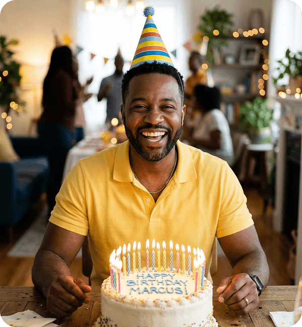 A man smiling celebrating his birthday with a cake