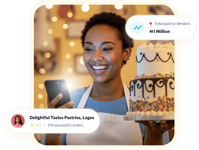 Smiling female baker holding a birthday cake
